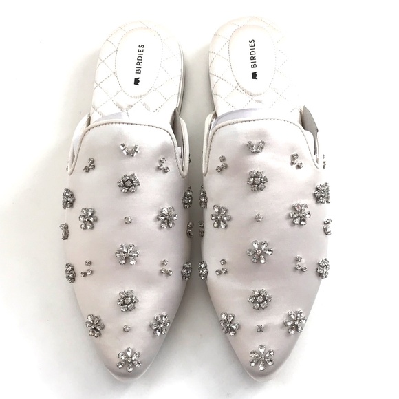 BIRDIES The Dove Satin Mule with Crystal Embellishments Lily White Size 8.5 - Picture 1 of 16